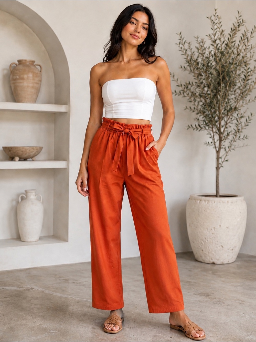 Aritzia Paperbag Tie Waist Straight Leg Pants Rust Orange Small